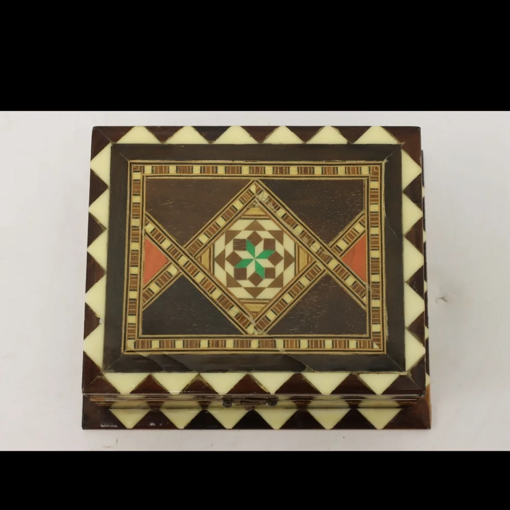 Spanish Vintage Mosaic & Bone Inlay Jewelry music box with key